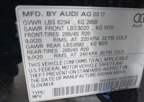 2017 Audi Q7 2.0T Premium z USA, uszkodzony, nr VIN WA1AHAF78HD048206